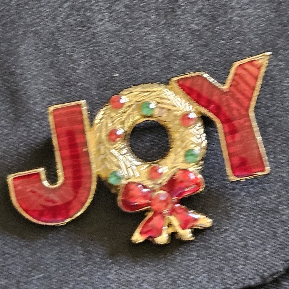 JOY Holiday Pin Enameled Gold Tone Green Red Rhinestone Accents Christmas